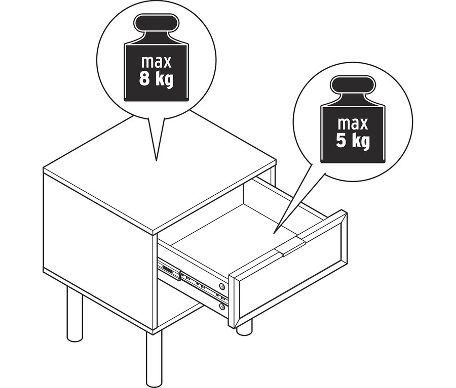 Nachttisch mit Schublade, die teilweise geöffnet ist. Die obere Fläche hat eine maximale Tragfähigkeit von 8 kg, die Schublade von 5 kg.