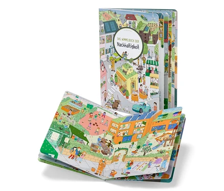Zwei geöffnete Bücher »Das Wimmelbuch der Nachhaltigkeit« zeigen detaillierte Illustrationen des städtischen Lebens.