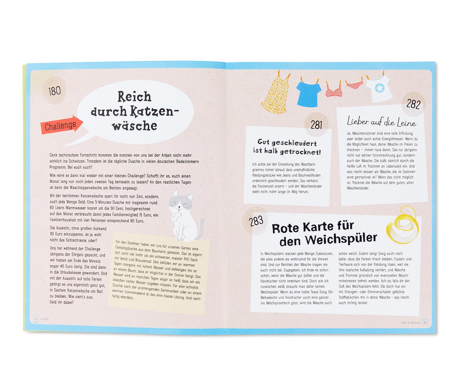Eine Buchseite mit Haushaltstipps. Buch „Family for Future“.