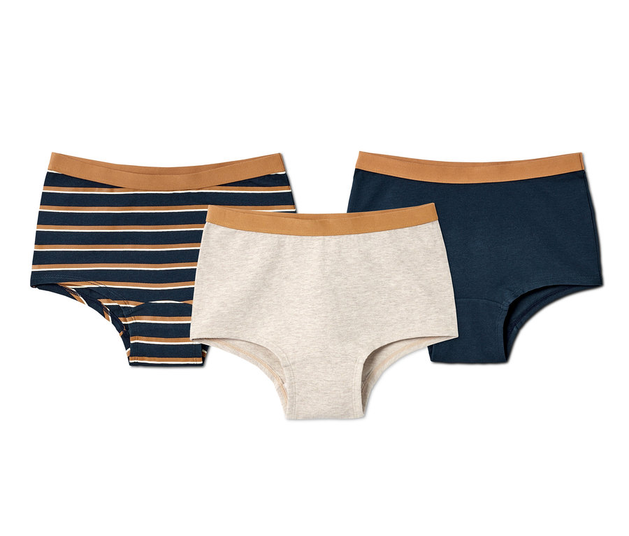 Drei Kinder-Pantys: gestreift, grau und dunkelblau.