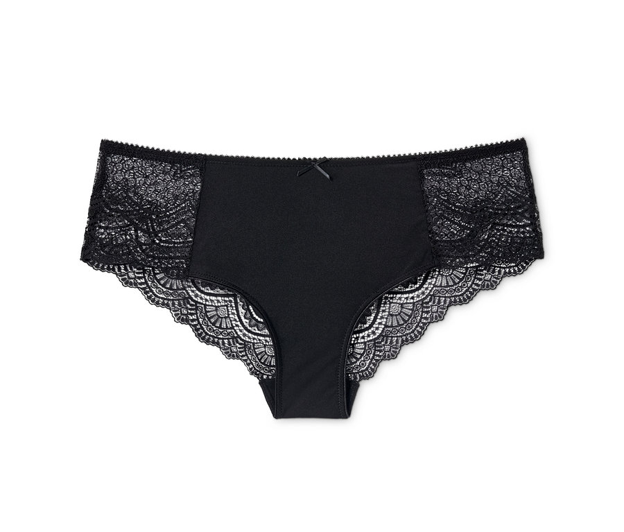 Ein einzelner schwarzer Brazilslip mit Spitze an den Seiten und einer Schleife in der Mitte.