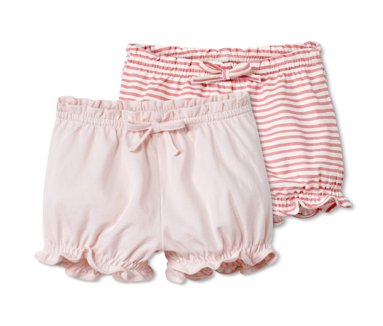 Zwei Baumwoll-Babyshorts, eine rosa und eine mit rosa-weißen Streifen.