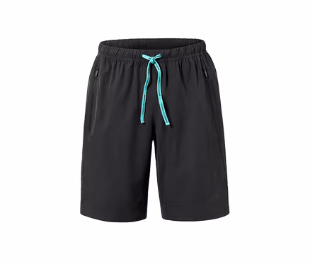 Schwarze Sportshorts mit hellblauem Kordelzug.
