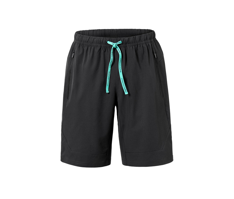 Schwarze Sportshorts mit hellblauem Kordelzug.