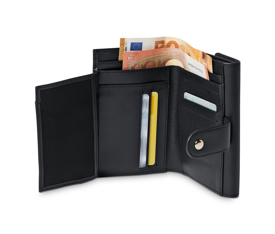 Geöffnete Geldbörse aus Leder mit Banknoten und Karten.