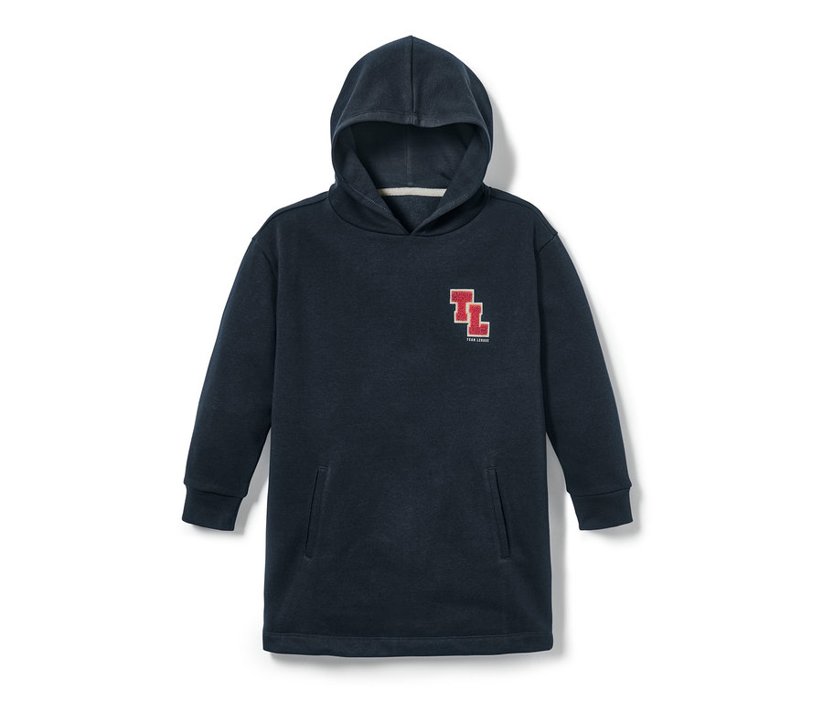 Blauer Longsweater mit Kapuze.