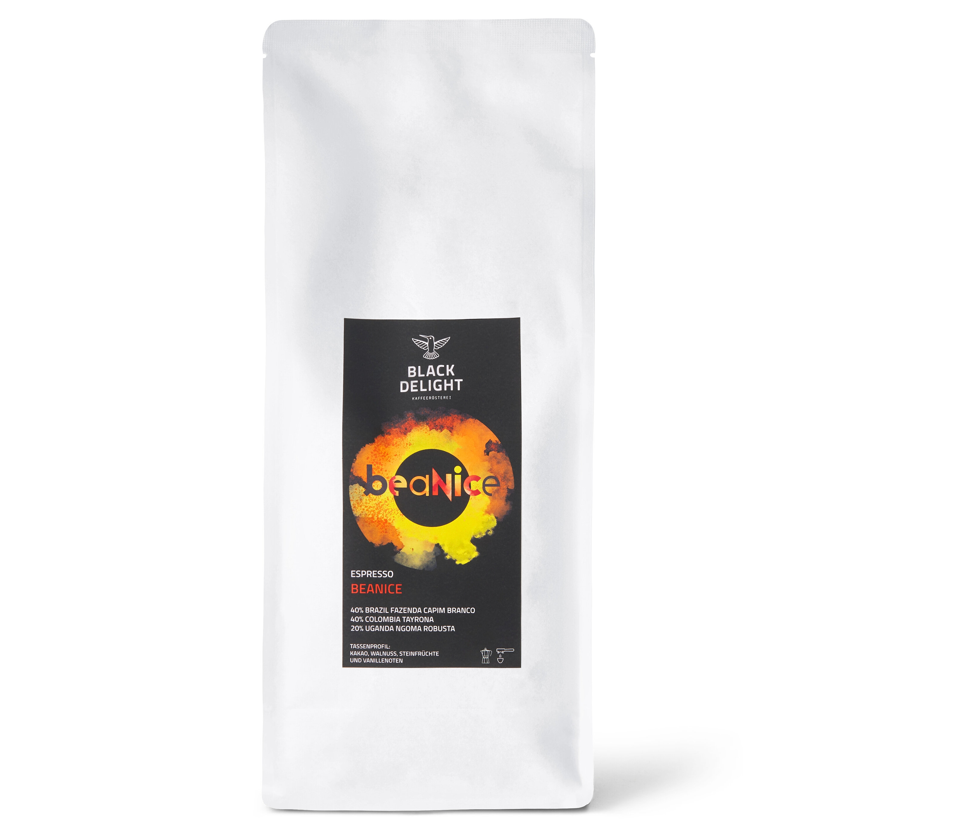 Eine Packung Black Delight - BEANICE Espresso - 1 kg Ganze Bohne.