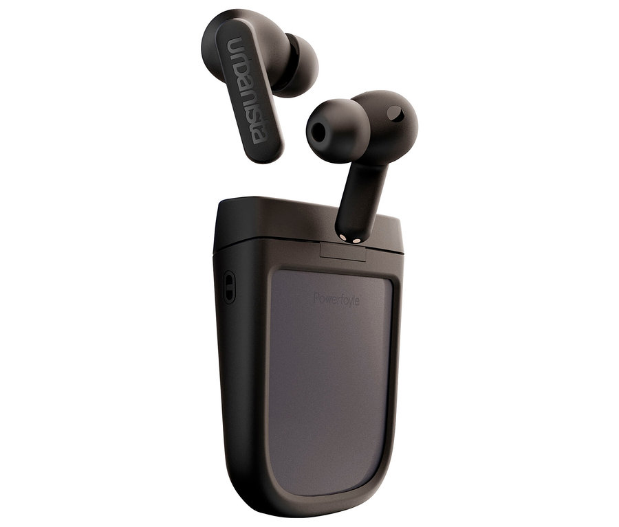 Schwarze Urbanista Phoenix In-Ear Kopfhörer mit Solarladefunktion und Ladecase.