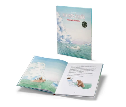 Ein aufgeschlagenes Buch und dahinter aufgestellt ein Buch »Kleiner Eisbär – bärenstarke Geschichten«.