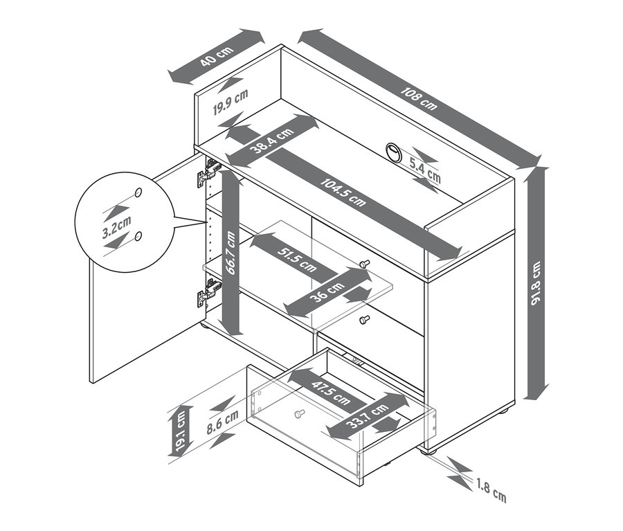 Abmessungen des Sideboards mit Schubladen und Tür.