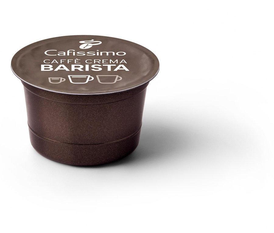 Detailaufnahme einer einzelnen braunen Cafissimo BARISTA Caffè Crema Kapsel.