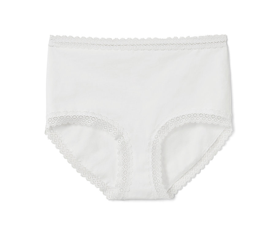 Eine weiße Highwaist-Panty mit Spitze.