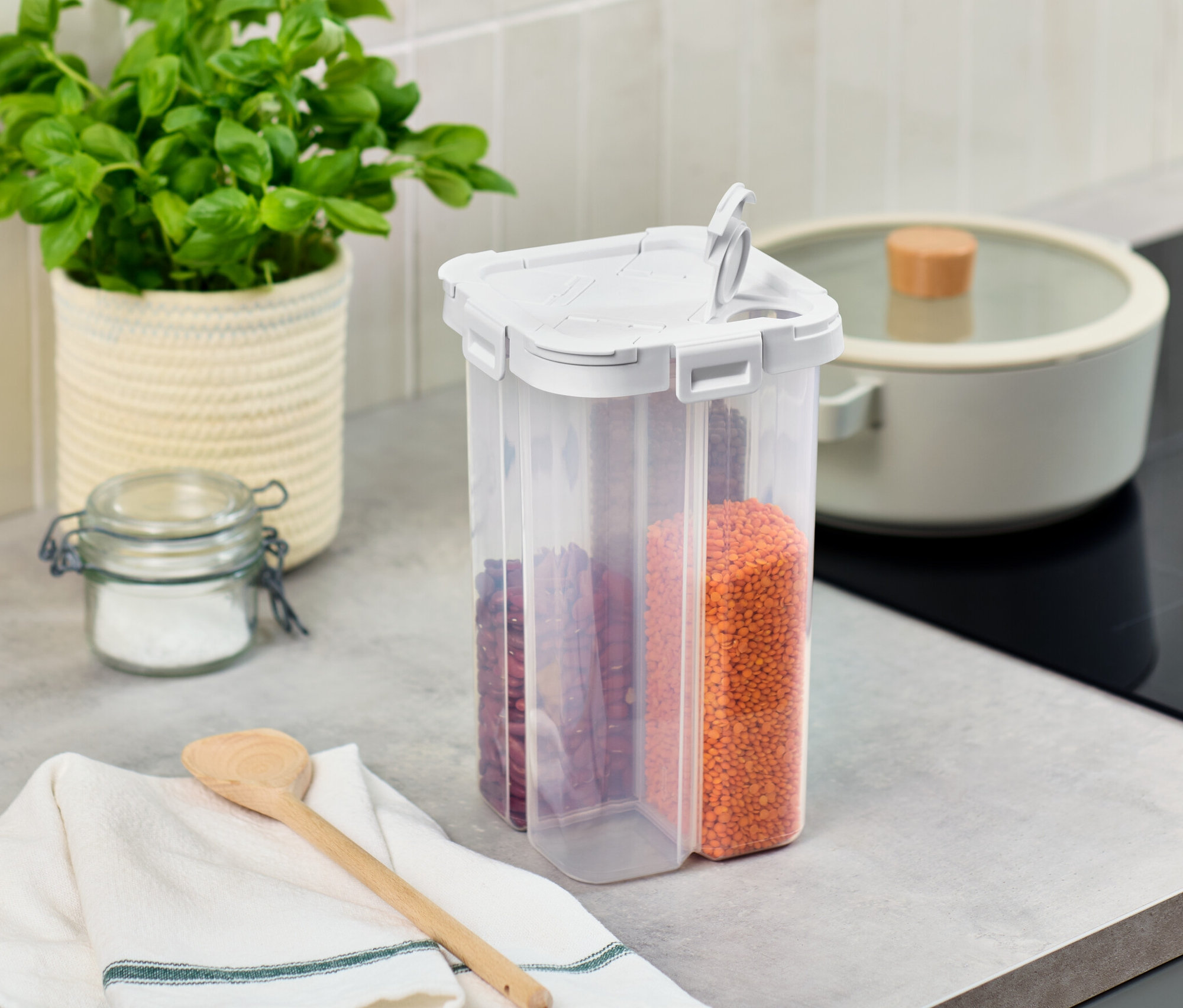 Auf einer Küchentheke stehen eine 4-in-1-Vorratsdose, ein Basilikumtopf und ein Glas mit Deckel.