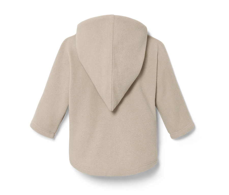 Rückansicht einer beigen Baby-Fleecejacke mit Kapuze.