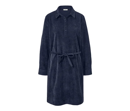Blaues Cordkleid mit langen Ärmeln und Gürtel.