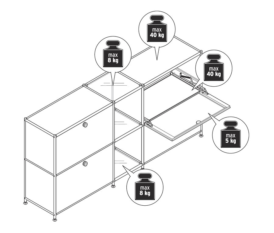 Abbildung eines Sideboards Metall »CN3« mit 4 Klappenfächern und maximaler Traglast.