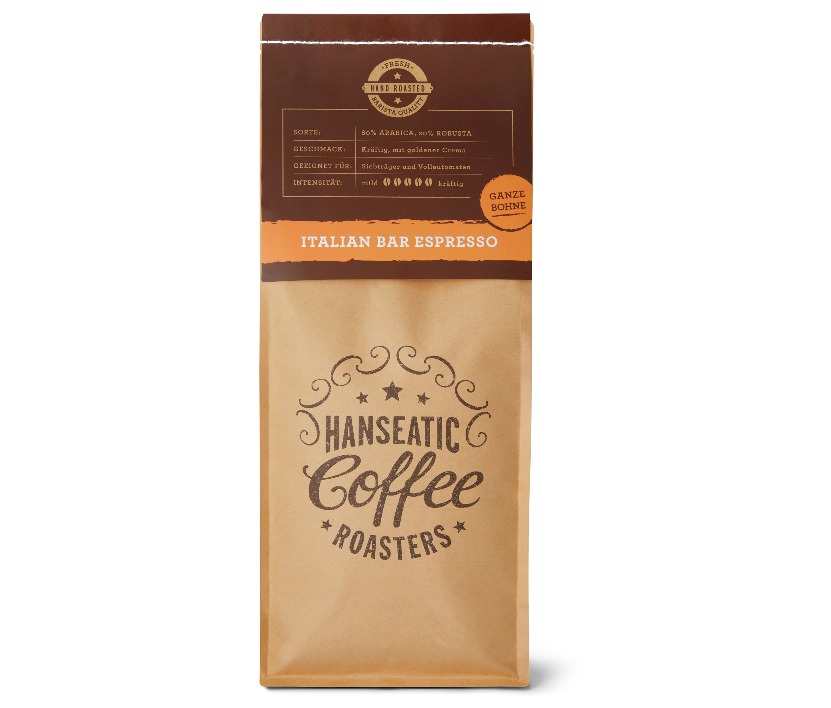 Eine Packung Hanseatic - Italian Bar Espresso - 1 kg Ganze Bohne.