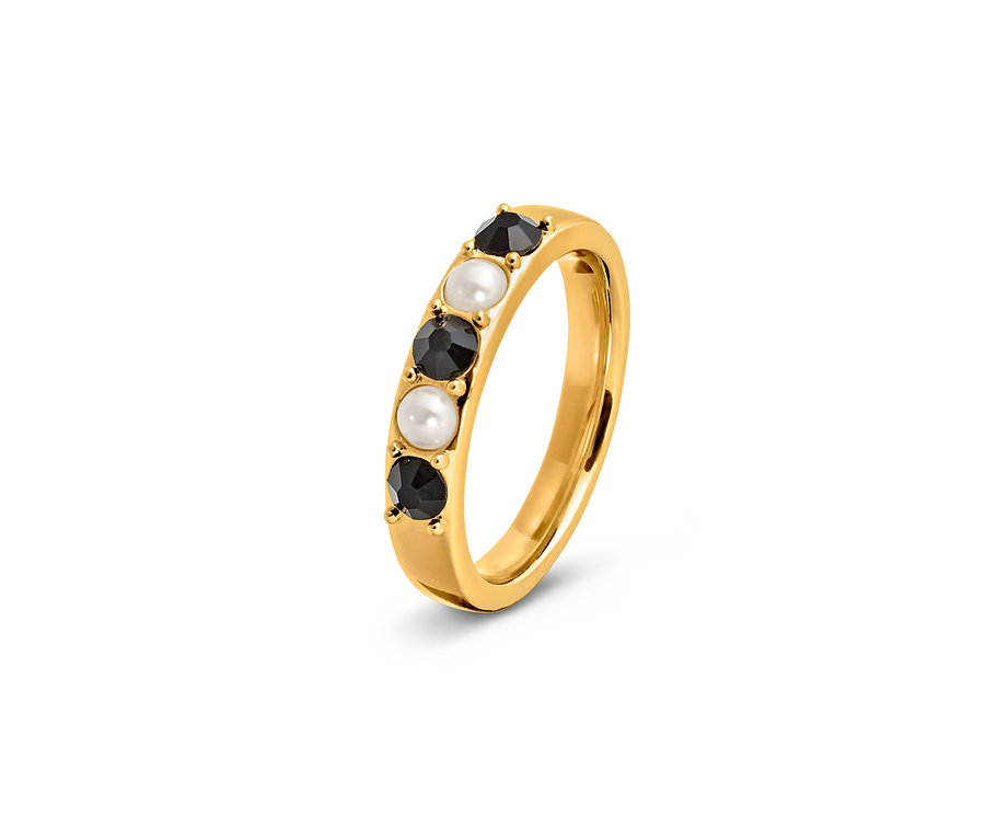 Goldener Ring Black and White mit schwarzen und weißen Steinen.