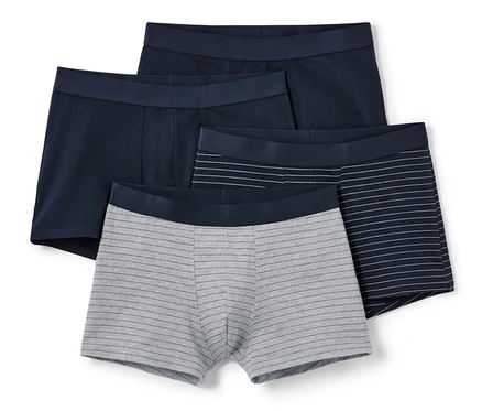 Vier Slipboxer: zwei marineblaue, eine grau gestreifte und eine marineblaue mit weißen Streifen.