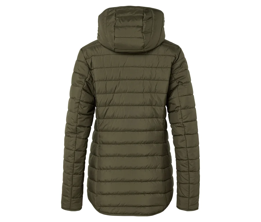 Rückansicht einer olivgrünen Steppjacke mit Kapuze.