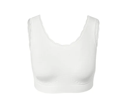 Detailansicht eines weißen Seamless-Bustiers mit Spitze.