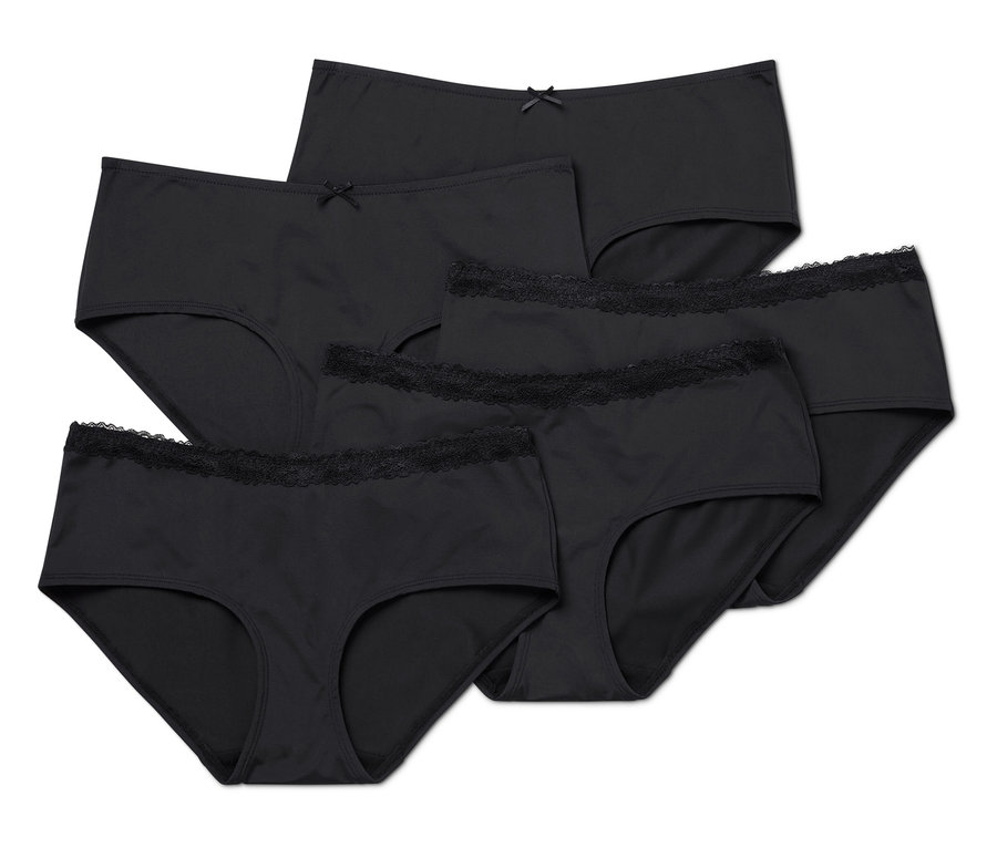 Ein Set aus sechs schwarzen Damen Slips in verschiedenen Stilen.