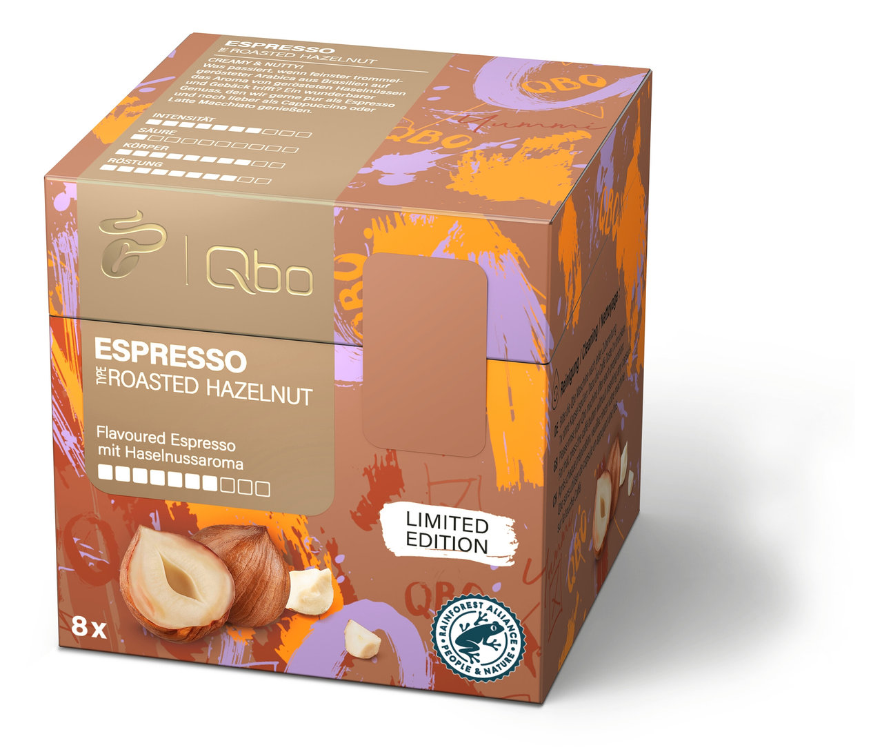 Eine Packung Qbo Flavoured Espresso Roasted Hazelnut. Auf der Packung ist ein Bild von Haselnüssen.