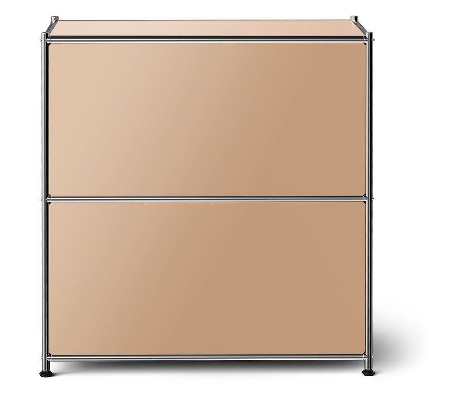 Zweiteiliger Schrank mit beige Schubladen und silbernem Rahmen.