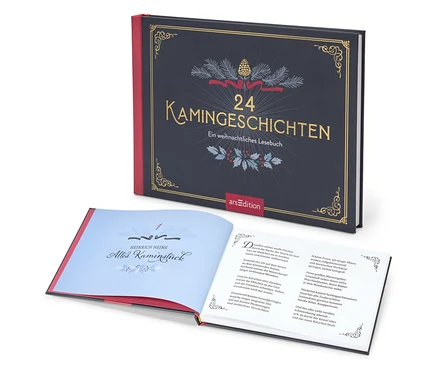 Zwei Bücher mit dem Titel 24 Kamingeschichten. Ein Buch ist geschlossen und das andere ist geöffnet.