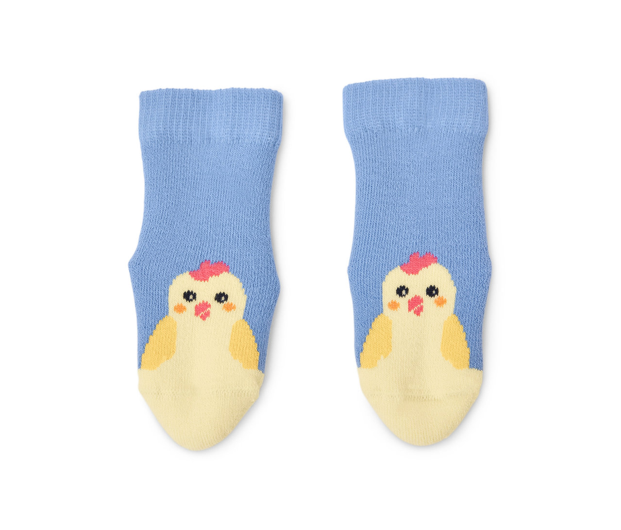Zwei blaue Frottier-Babysocken mit Küken-Motiv.