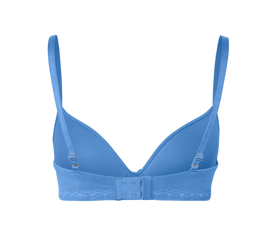 Rückansicht eines blauen Softschalen-BHs.