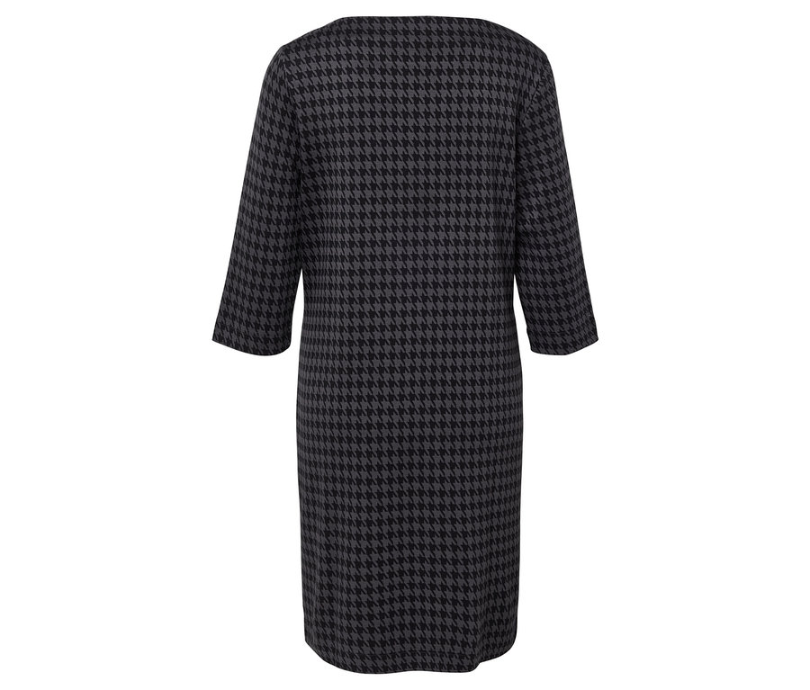 Rückansicht eines Hahnentritt-Kleides mit Dreiviertelärmeln.