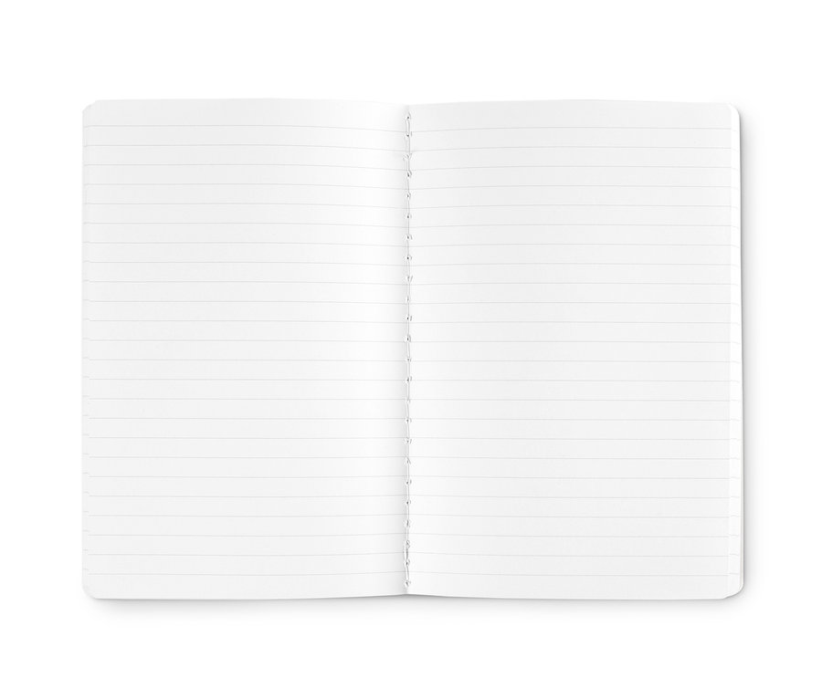 Ein geöffnetes Kork-Notizbuch mit linierten Seiten.