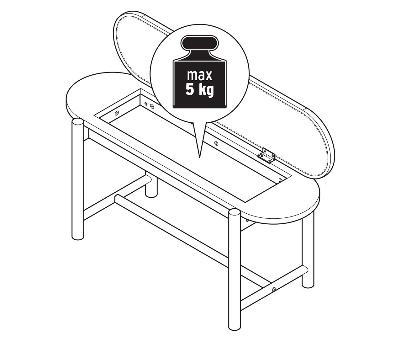 Schwarz-Weiss-Zeichnung einer ovalen Bank mit hochgeklappter, gepolsterter Sitzfläche. Im Inneren der Bank befindet sich ein leerer Stauraum. Die Beschriftung gibt eine maximale Traglast von 5 kg an.