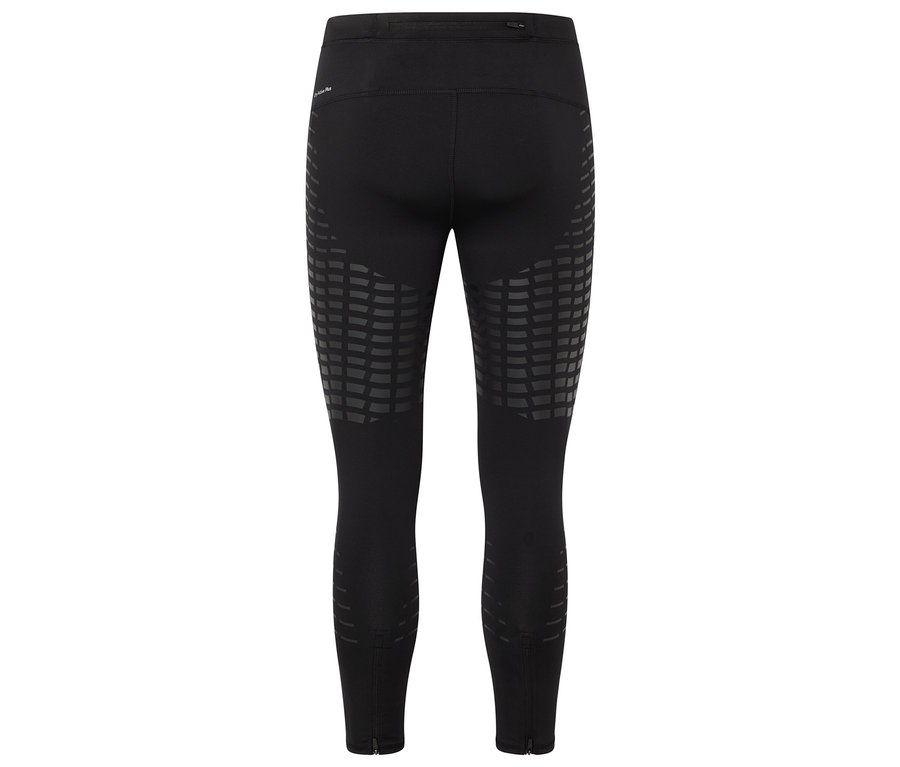 Schwarze Leggings von hinten mit geometrischem Muster an den Oberschenkeln und Reißverschlüssen an den Knöcheln.