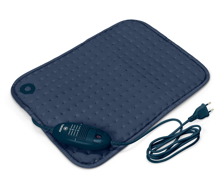 Eine blaue Heizmatte mit Bedienelement und Kabel auf einem weißen Hintergrund.