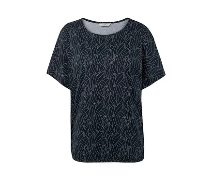 Dunkelblaues, überschnittenes Blusenshirt mit weißem Blattmuster.