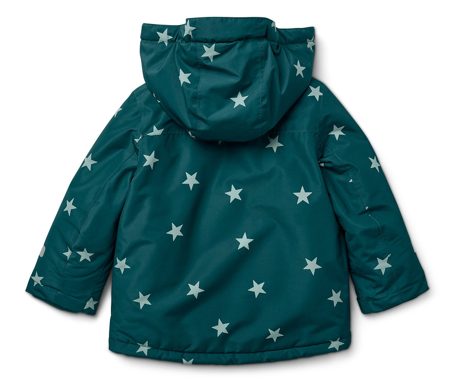 Dunkelgrüne Jacke mit Kapuze und weißen Sternen, Rückansicht.