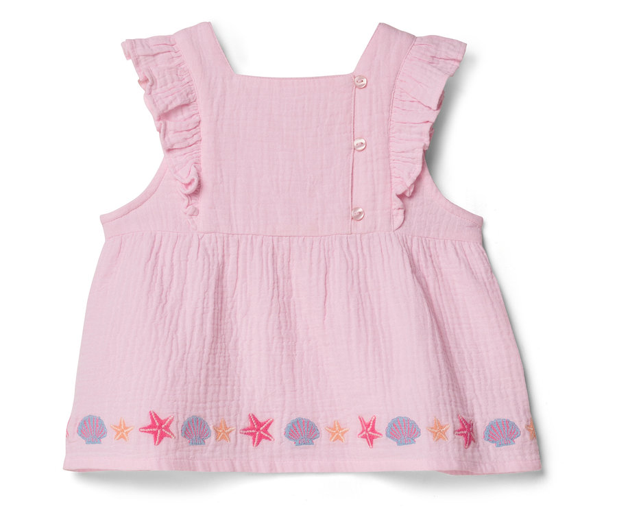 Rosa, ärmelloses Top mit Rüschen und Seestern- und Muschelmuster am Saum.