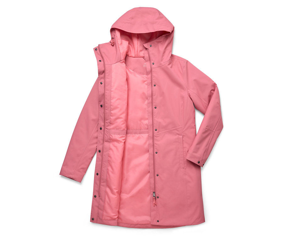 Offener, pinkfarbener Regenmantel mit Kapuze und Knopfdetails.