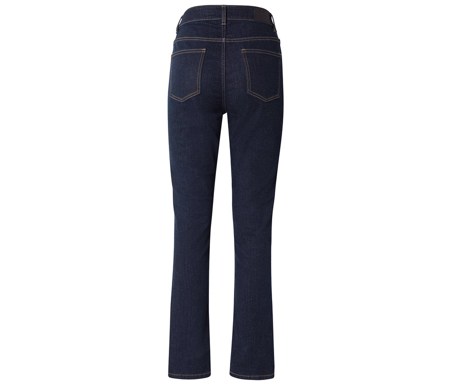 Rückansicht einer dunkelblauen Jeans mit geradem Bein und gelben Nähten.