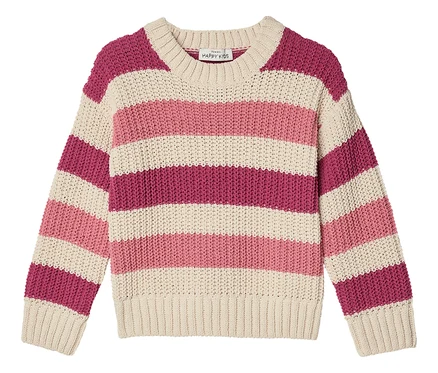 Kinder-Chenille-Pullover mit horizontalen Streifen in Creme, Hellrosa und Dunkelrosa.