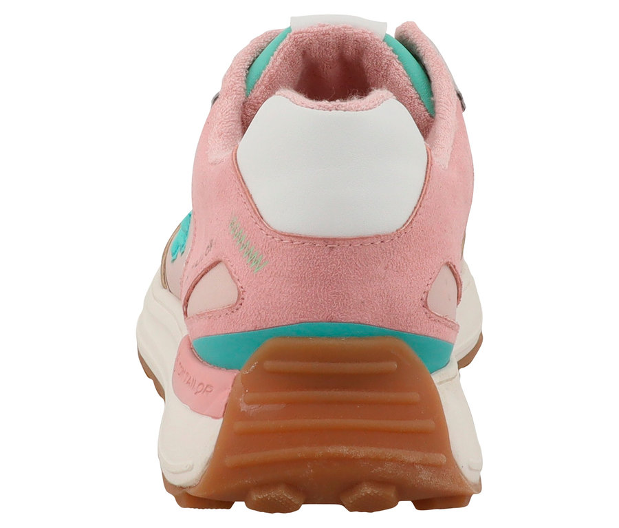 Rückansicht eines rosa- und türkisfarbenen Sneakers mit weißer Fersenkappe und brauner Sohle.