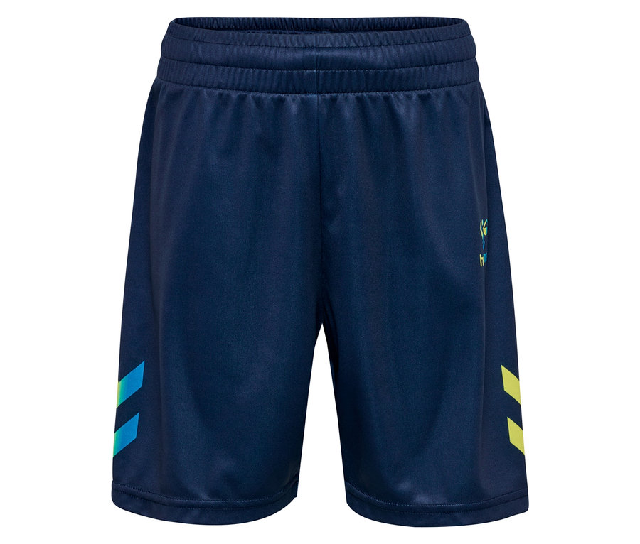Marineblaue Shorts mit blauen und gelben Streifen an den Seiten.