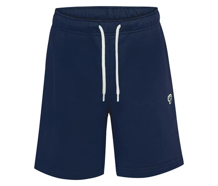 Blaue hummel® HMLJR Loose Sweatshorts mit weißem Kordelzug und kleinem Logo.
