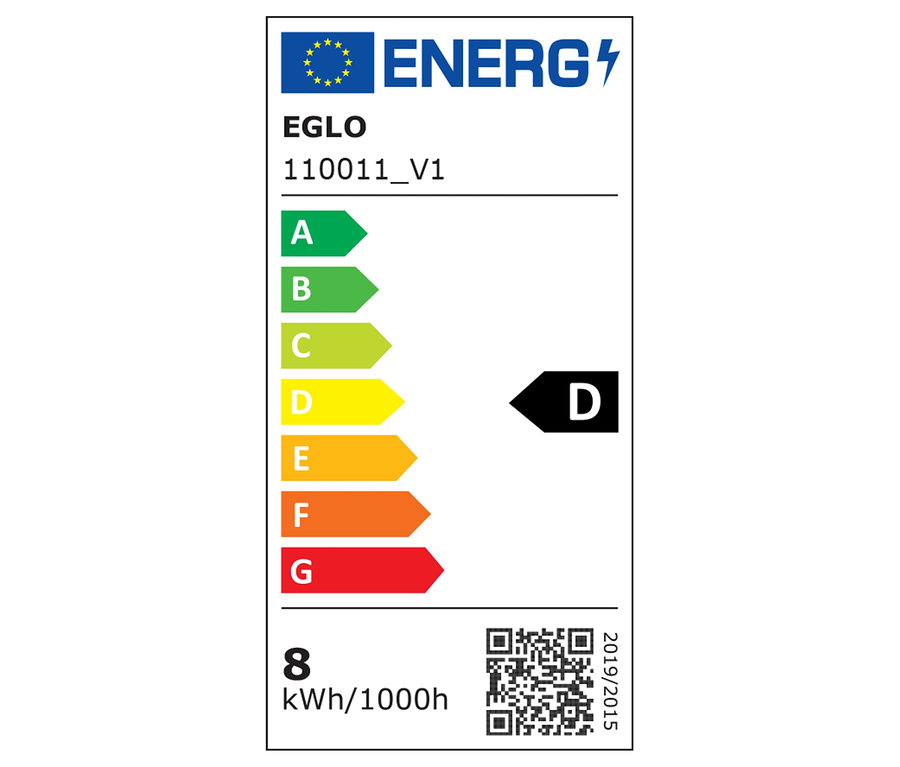 Das Energielabel EGLO 110011_V1 zeigt die Energieeffizienzklasse D und einen Verbrauch von 8 kWh/1000h.