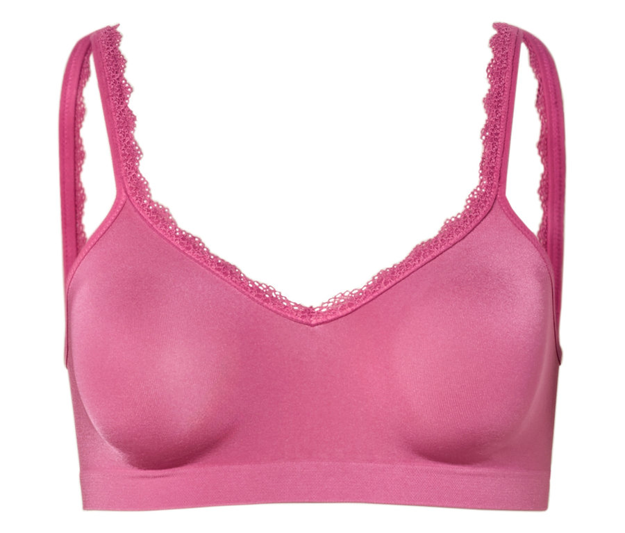 Nahaufnahme eines pinkfarbenen BHs mit Spitze an den Trägern und am Dekolleté.