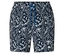 Nahaufnahme von Badeshorts mit blauem Kordelzug und weißem Pflanzenmuster.