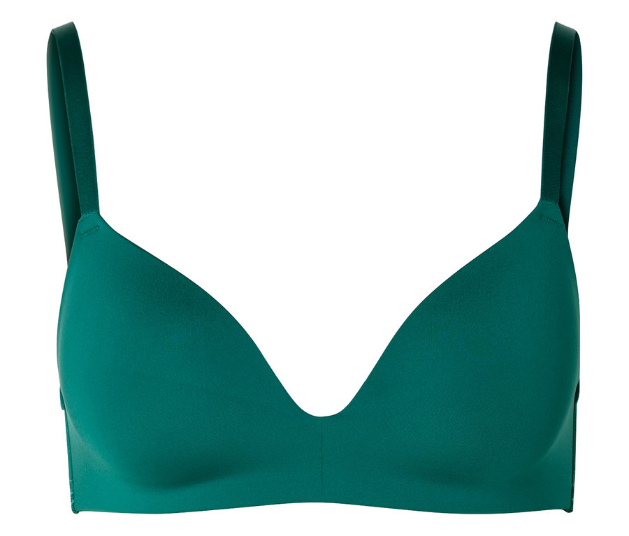 Grüner BH mit dünnen Trägern vor einem weißen Hintergrund.