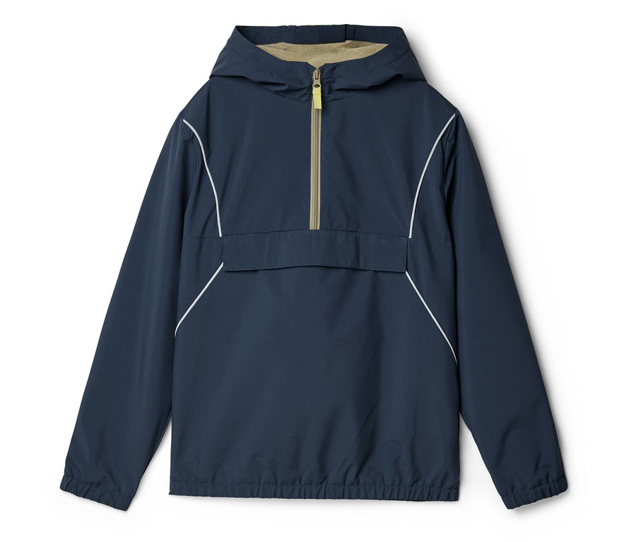 Marineblaue Kapuzenjacke mit halbem Reißverschluss und weißen Akzenten liegt auf einem weißen Hintergrund.